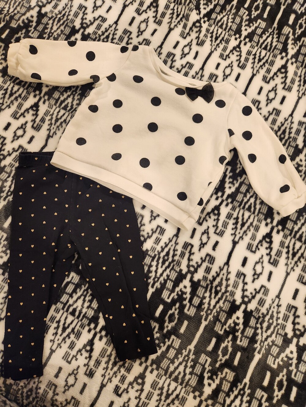 Carter's White and Black Polka Dot Top with Black Heart Leggings, Size 12M